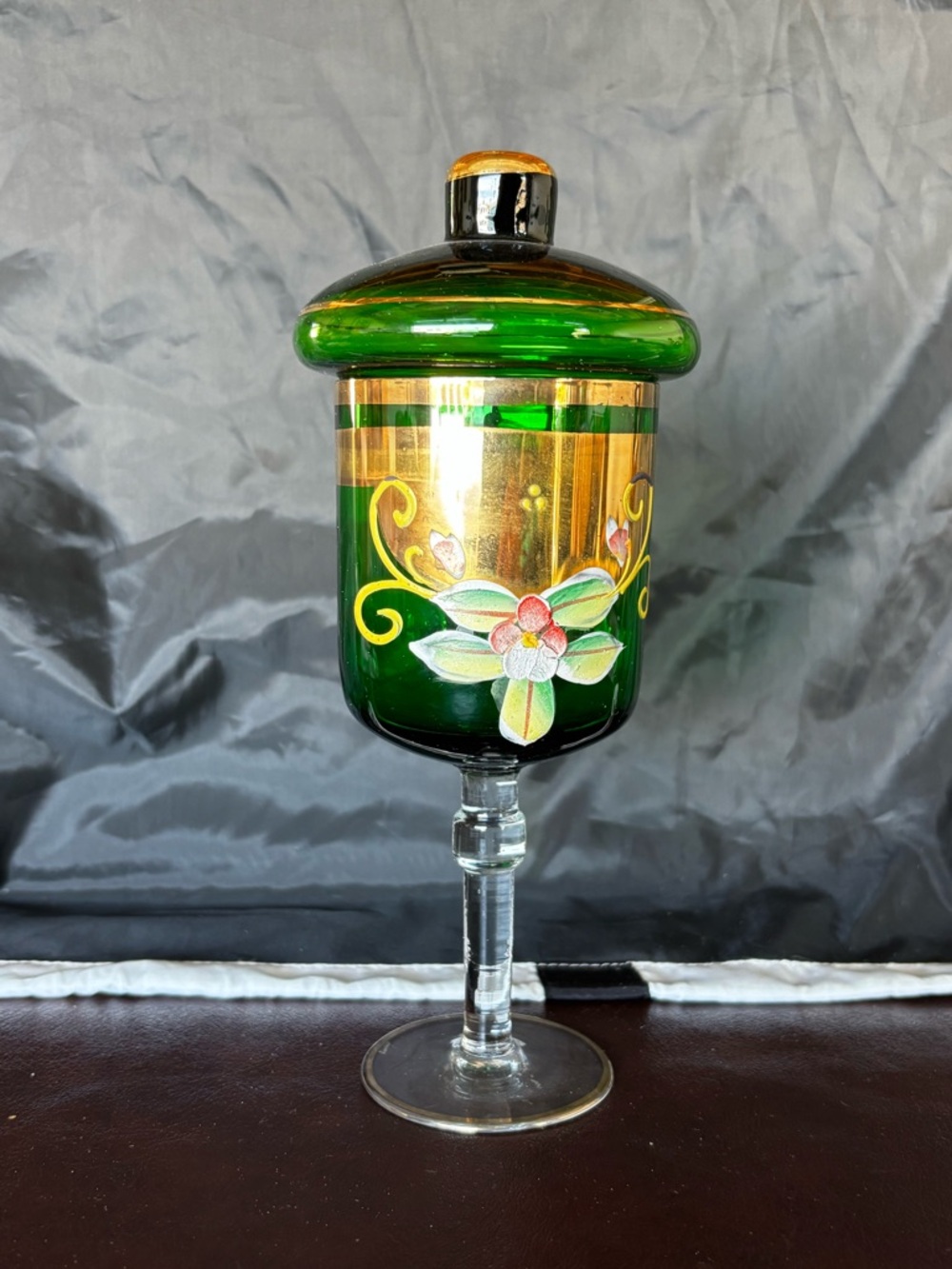 Bohemian Czech Green & Gold Art Glass Compote Dish / Apothecary Jar with Lid
